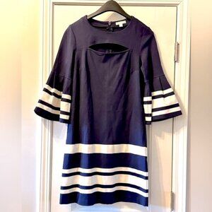 NWOT Blue and White Striped Bell Sleeve Keyhole stretch Dress Size XS